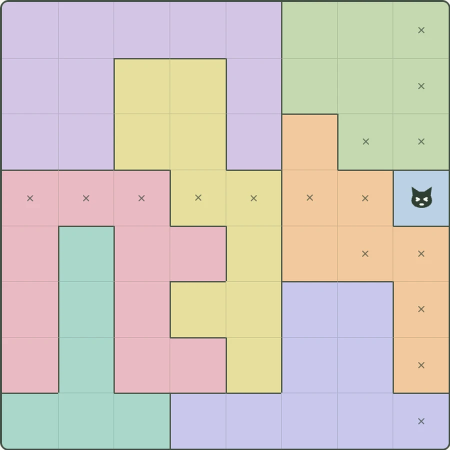 Catnap's daily puzzle: a pastel-coloured grid with a cat placed in the blue region