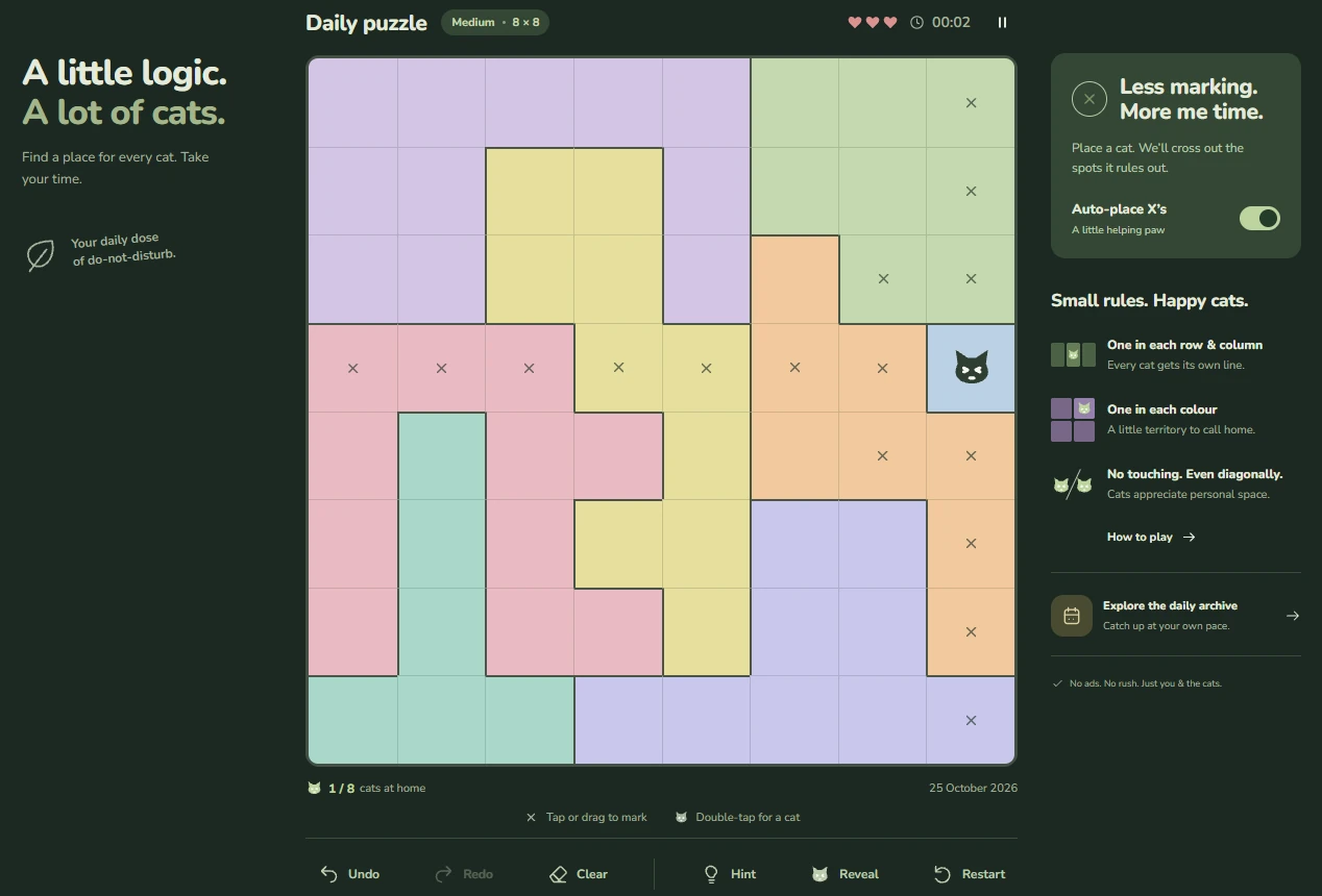 Catnap daily puzzle in the dark theme, with a cat placed in a coloured region