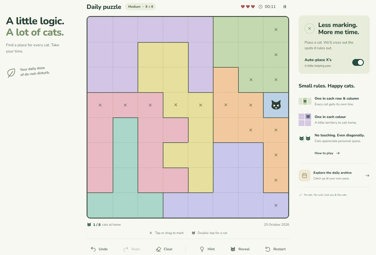 Catnap daily puzzle in the light theme, with the puzzle board, rules and undo, hint and reveal controls