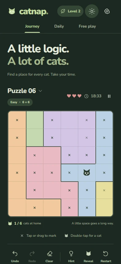 Catnap Journey puzzle on a phone in the dark theme