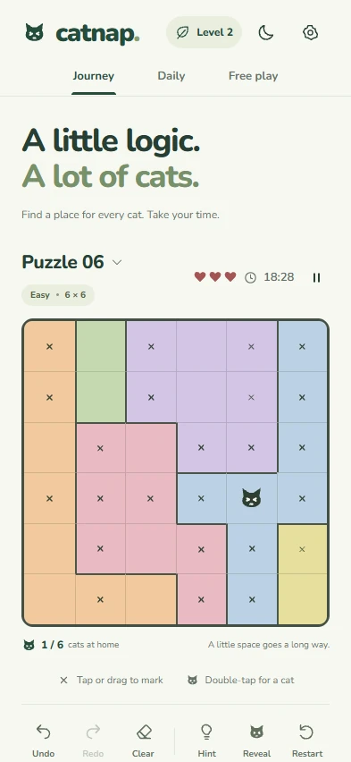 Catnap Journey puzzle on a phone in the light theme, with a six-by-six board and touch controls