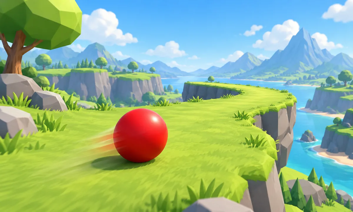 Illustration of a red ball rolling along an elevated path in a bright landscape